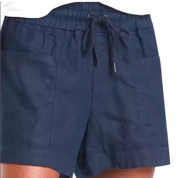 Athleta Cabo Linen 4" Short Shorts Navy Blue 4 Drawstring Waist Pockets - Picture 2 of 11